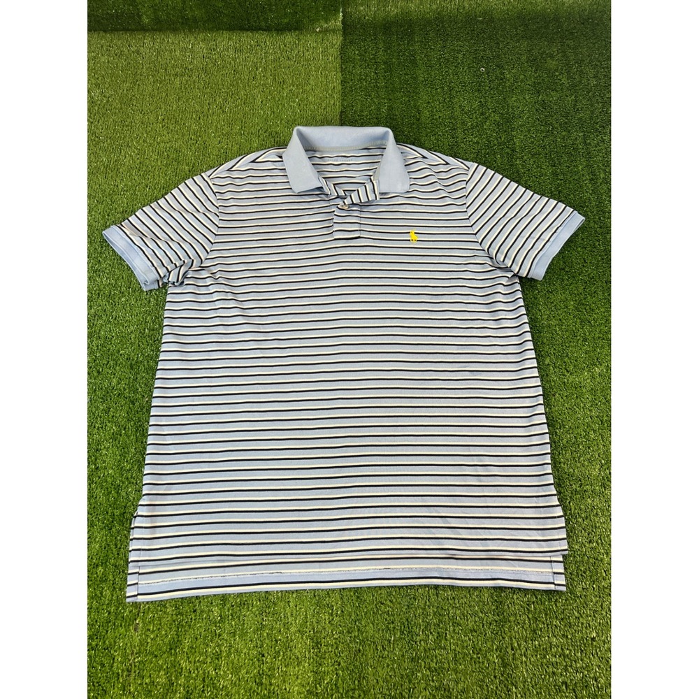 Polo Ralph Lauren Mens Large Striped Polo Shirt Blue Navy Yellow Pony Logo LG